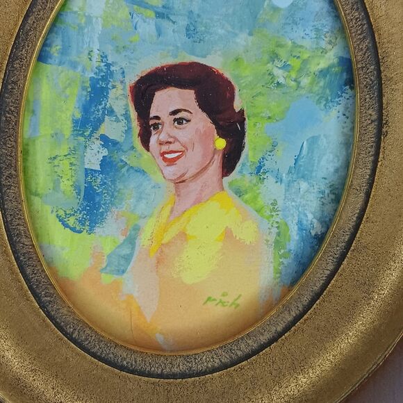 VTG 1963 Miniature Portrait Of Woman In Yellow Dress Blue Background Gold Frame - Picture 4 of 13